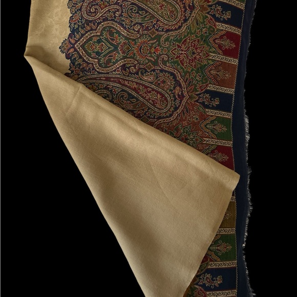 New Beige and Blue printed shawl- Silk-Cotton-Wool - Picture 4 of 9